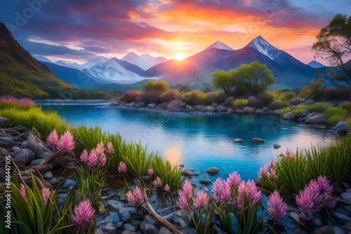 painting of lakeside mountain view  sunset  raging storm  vibrant  rocky riverbank  water hyacinth  cattails  distant flying birds  driftwood - AI Generative
