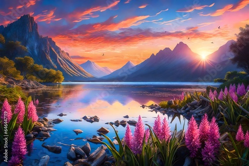 painting of lakeside mountain view, sunset, raging storm, vibrant, rocky riverbank, water hyacinth, cattails, distant flying birds, driftwood - AI Generative © Being Imaginative