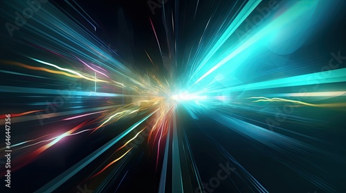 Abstract Futuristic Background High Speed Straight Blue Yellow Lines and Bokeh Glowing Neon Moving High Speed Futuristic Travel Concept Fantastic Wallpaper, generative ai