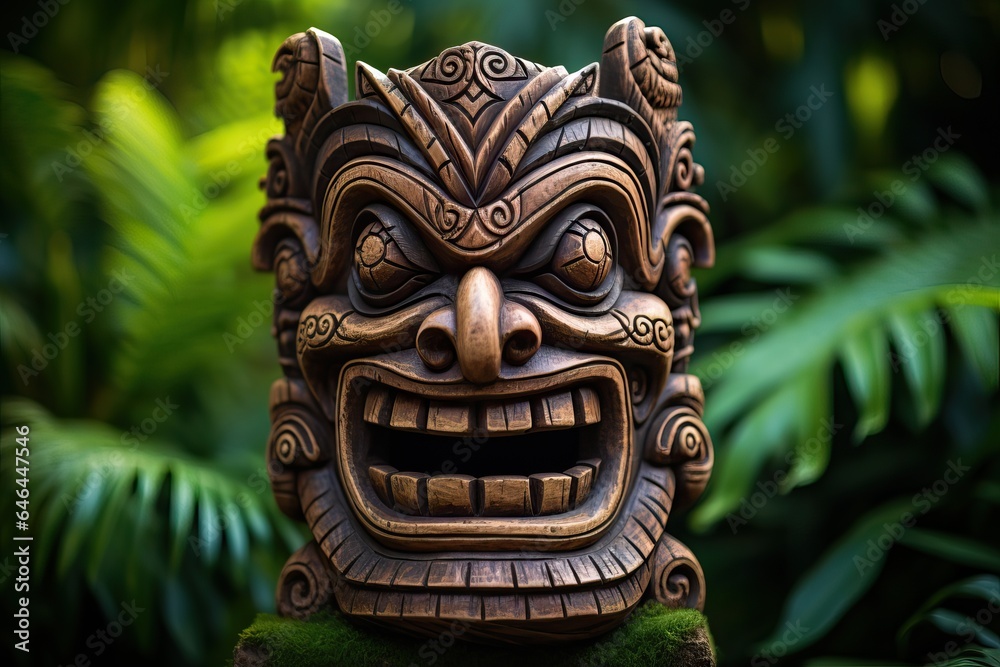Tiki Mask of some Tribu in the middle of a Tropical Forest. - obrazy, fototapety, plakaty 