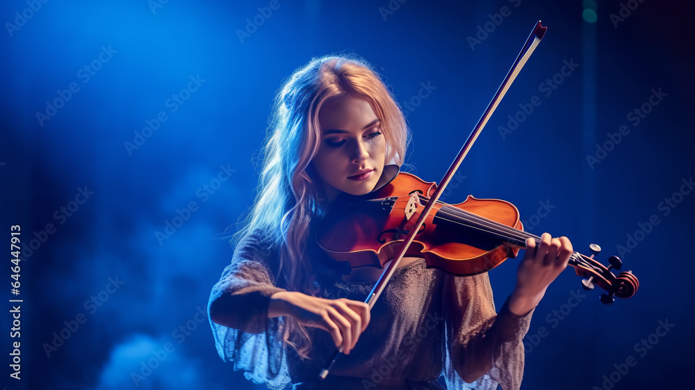 photograph of A young woman playing violin on stage. Musical concept.