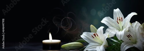 Memorial or grief banner. Beautiful lily and burning candle on black background