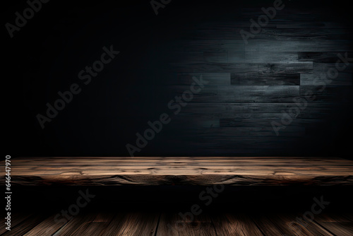 wooden table on black wall in dark background. Copy space © chandlervid85