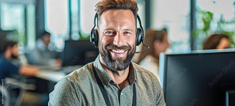 Obraz premium caucasian man call center customer support with headset, ai