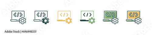 software developer programming icon with laptop and cog gear vector code building management symbol illustration