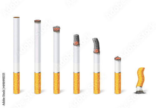 Cigarette burn stages. Tobacco burning process from new cigarette to butt isolated vector illustration set