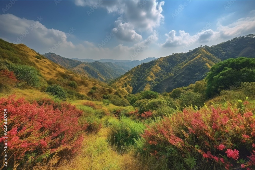 A vibrant landscape with lush hills and foliage. Generative AI