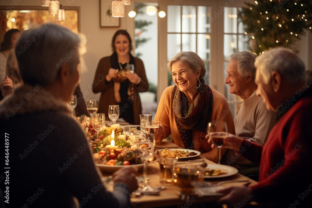 elderly friends gathering for a dinner. Celebrating with loved ones. Christmas and New Year's affairs