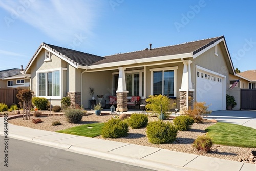 Exterior view of a sunny suburban one-level single-family home in Menifee, California, USA. Generative AI © Rowen