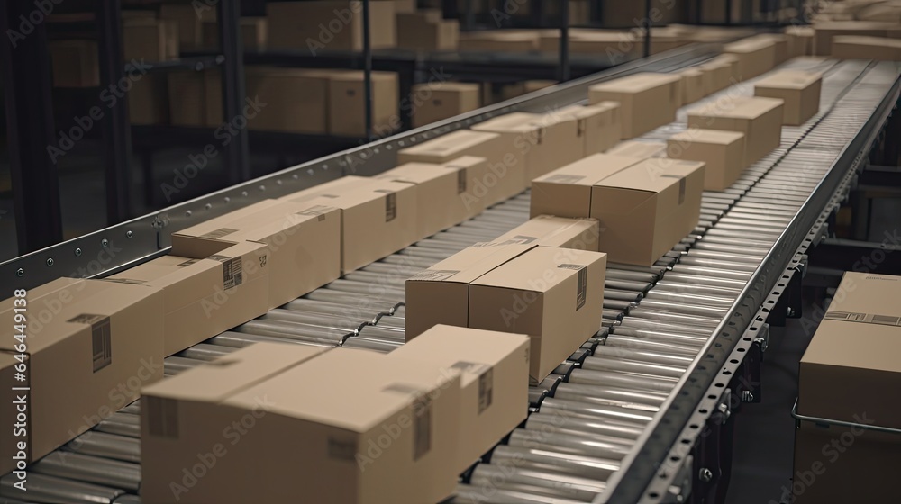 Close - Up of Multiple Cardboard Box Packages Seamlessly Moving Along a Conveyor Belt in a Warehouse Fulfillment Center a Snapshot of E - Commerce Delivery Automation and Products, generative ai Close - Up of Multiple Cardboard Box Packages Seamlessly Moving Along a Conveyor Belt in a Warehouse Fulfillment Center a Snapshot of E - Commerce Delivery Automation and Products, generative ai
