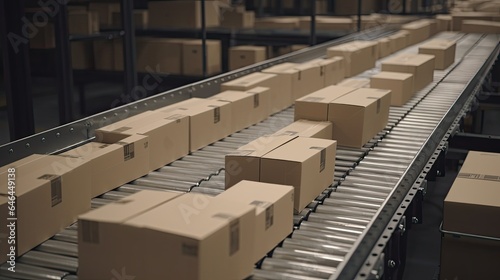 Close - Up of Multiple Cardboard Box Packages Seamlessly Moving Along a Conveyor Belt in a Warehouse Fulfillment Center a Snapshot of E - Commerce Delivery Automation and Products, generative ai