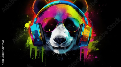 Colorful Panda Wearing Headphones and Sunglasses, generative ai © 3D Station