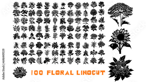 Floral vector illustration in linocut style . Set of 100 linocut plants photo
