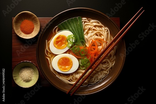 A traditional Asian dish of noodles, soup, egg, and chopsticks. Generative AI