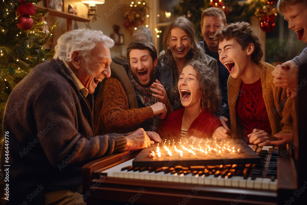elderly man playing the piano. Celebrating with loved ones. Christmas and New Year's chores