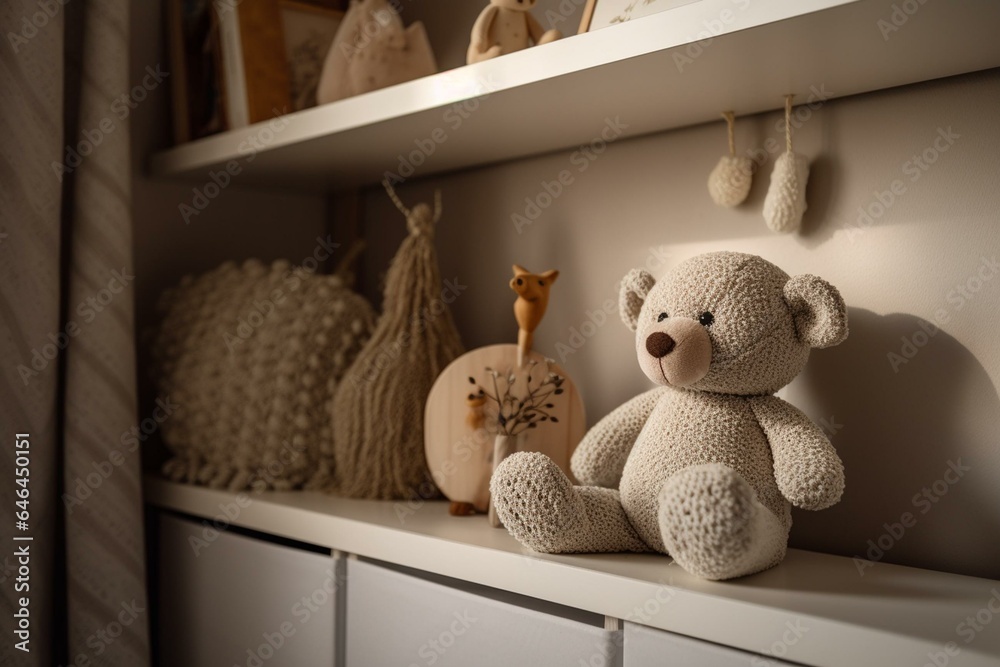 A stuffed toy sits on a shelf in a kid's room. Generative AI