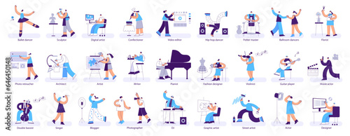 Creative professions. Geometric cartoon musicians, artists and designer characters. Art industry workers isolated vector illustration set