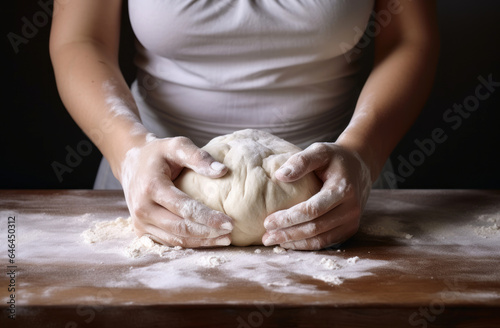 Female hands making dough. Hands kneading bread dough on a cutting board.