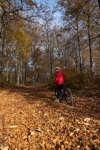Person riding a bike in the forrest in autumn.