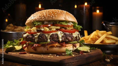 Delicious burger with spicy dispensing fries served on a classic wooden table