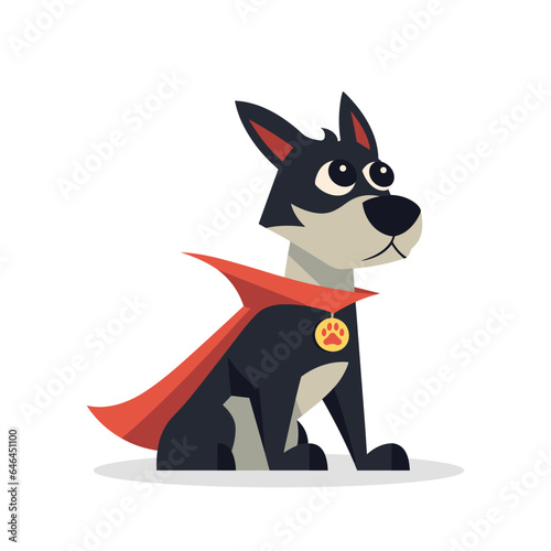 Dog superhero isolated on white background. Funny dog superhero character with red cape. Vector stock