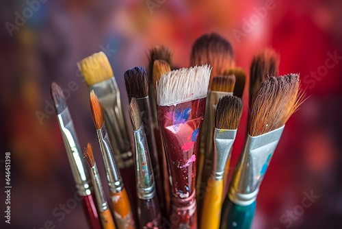 A bunch of brushes for painting with oil and acrylic paints. Artist paintbrushes in a artist studio.