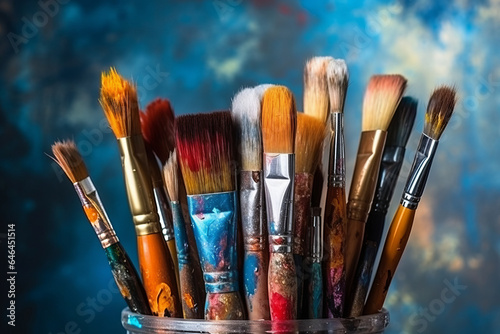 A bunch of brushes for painting with oil and acrylic paints. Artist paintbrushes in a artist studio.