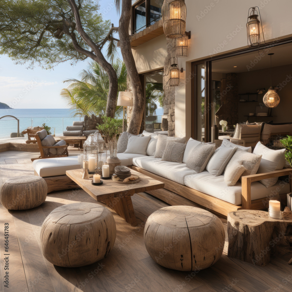 An eclectic beachside lounge with a driftwood fire 
