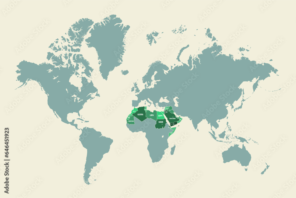 Map of Arab world. Islamic geography, Arab-speaking countries bridging East Africa to Asia. Vector infographic illustration
