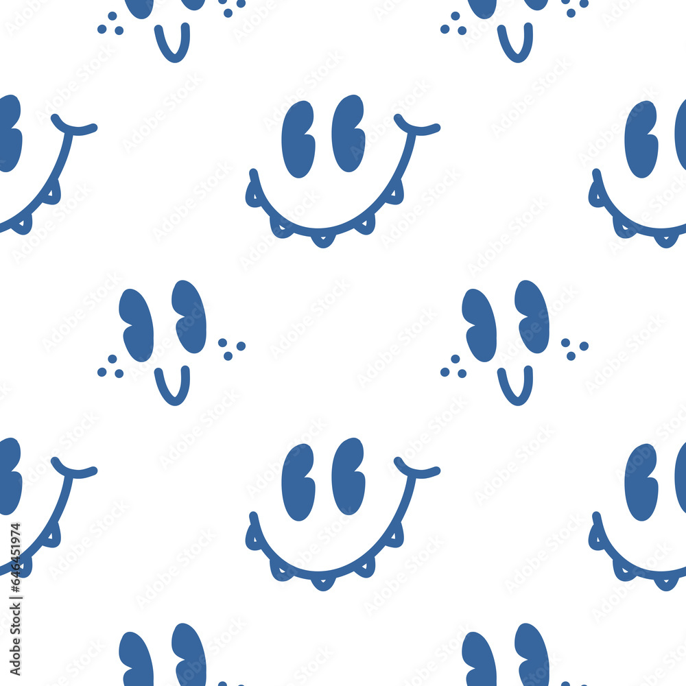 Fototapeta premium Fun colourful simple line doodle seamless pattern.cute kawaii monster smiley Halloween retro minimal style art background for baby shower , wallpaper ,backdrop ,nursery, book cover, fabric print 