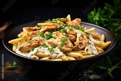 A bowl of pasta and chicken in a creamy sauce  beautifully presented on a plate. Generative AI