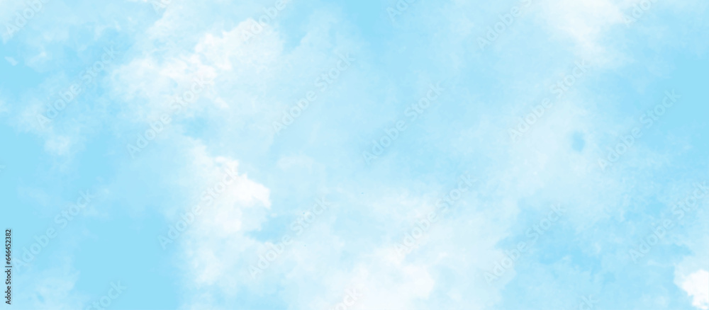 blue sky with clouds. Light sky blue shades watercolor background. Sky Nature Landscape Background. sky background with white fluffy clouds.><	