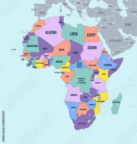 Political Map of Africa continent. English labeled countries names and Africa region borders vector illustration