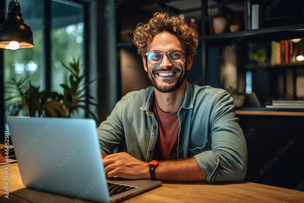Young smiling man working online from home with a laptop computer. Creative concept for a remote IT job.
