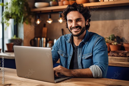 Young smiling man working online from home with a laptop computer. Creative concept for a remote IT job. 
