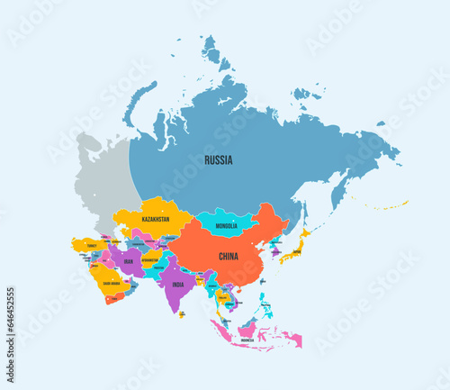 Asia continent political map. Tapestry of Asia with country borders and names isolated vector infographic illustration