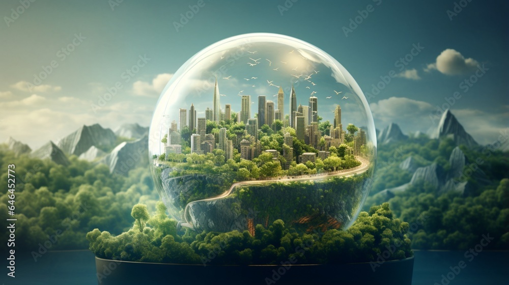 Enchanting scene featuring a glass globe integrated into an eco-friendly futuristic cityscape, demonstrating the harmonious coexistence of technology and nature