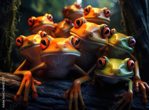 A group of red-eyed frogs