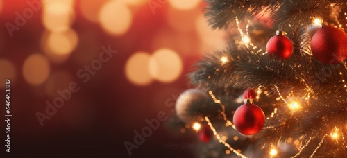 Sparkling Christmas tree adorned with golden ornaments and glowing lights. Concept of merry holiday joy.