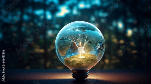 Glass globe with a glowing filament made of interconnected renewable energy symbols  symbolizing the interdependence of clean power sources