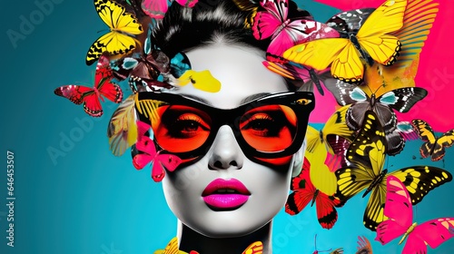 Fashion model with butterfly pop art collage style in neon color