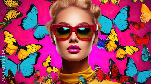 Fashion model with butterfly pop art collage style in neon color