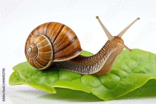 Snail on green lettuce leaf isolated on white background. 