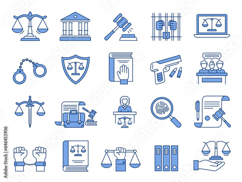 Law icons. Scales of justice, court and lawyers symbols. Judges gavel, legal documents and jail linear vector illustration set