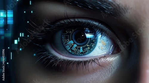 Closed up eye of cyber technology, future ai woman