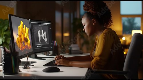 Black Female Art Director Reviewing 3d Model of Shoe, Working on Powerful Desktop Computer at Home.generative ai photo