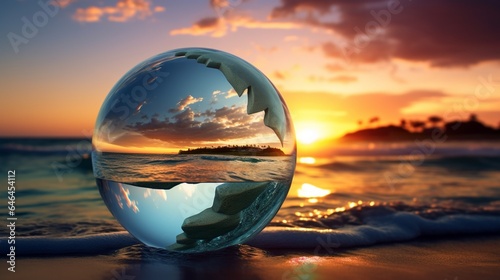 Glass globe floating above a serene ocean at sunset, with wind turbines and solar panels visible on the horizon, symbolizing the beauty of marine and solar energy