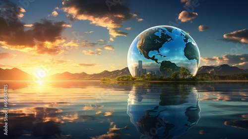 GLass globe floating above a serene ocean at sunset, with wind turbines and solar panels visible on the horizon, symbolizing the beauty of marine and solar energy