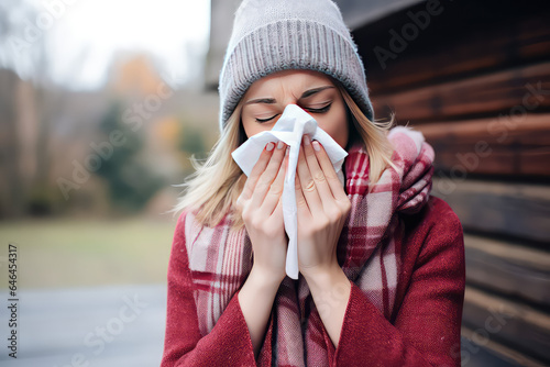 Portrait of asthmatic young woman with flu blowing her nose with paper tissues. Concept of cold or allergy season. 