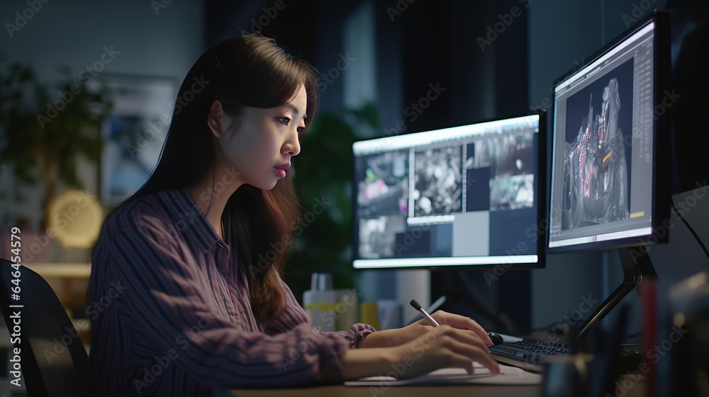 Cute asian Female Art Director Reviewing 3d Model of Shoe, Working on Powerful Desktop Computer at Home. Cute asian Female Art Director Reviewing 3d Model of Shoe, Working on Powerful Desktop Computer at Home.